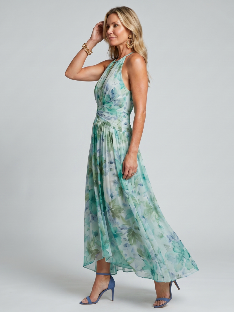 PORTIA | PLISSIERTES HALTERNECK-MIDIKLEID MIT ZARTEM BLUMENMUSTER
