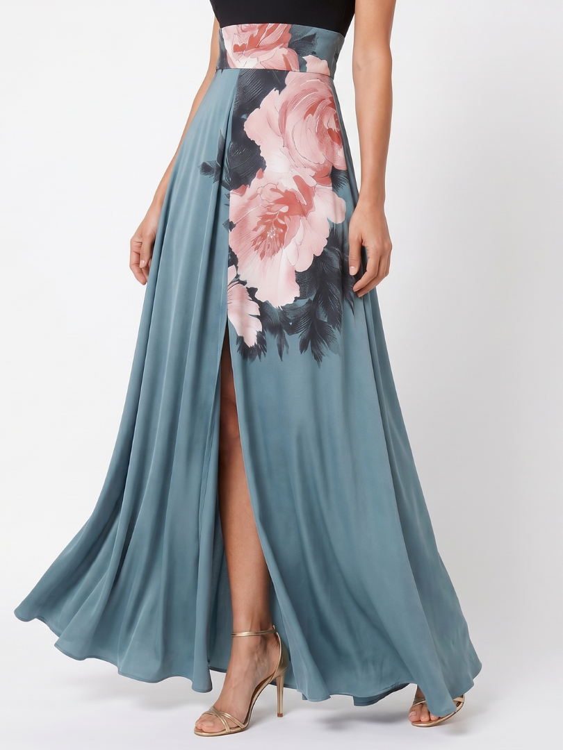 OLYMPAS | MAXIKLEID MIT HALTERNECK-OBERTEIL UND BLUMENMUSTER-ROCK