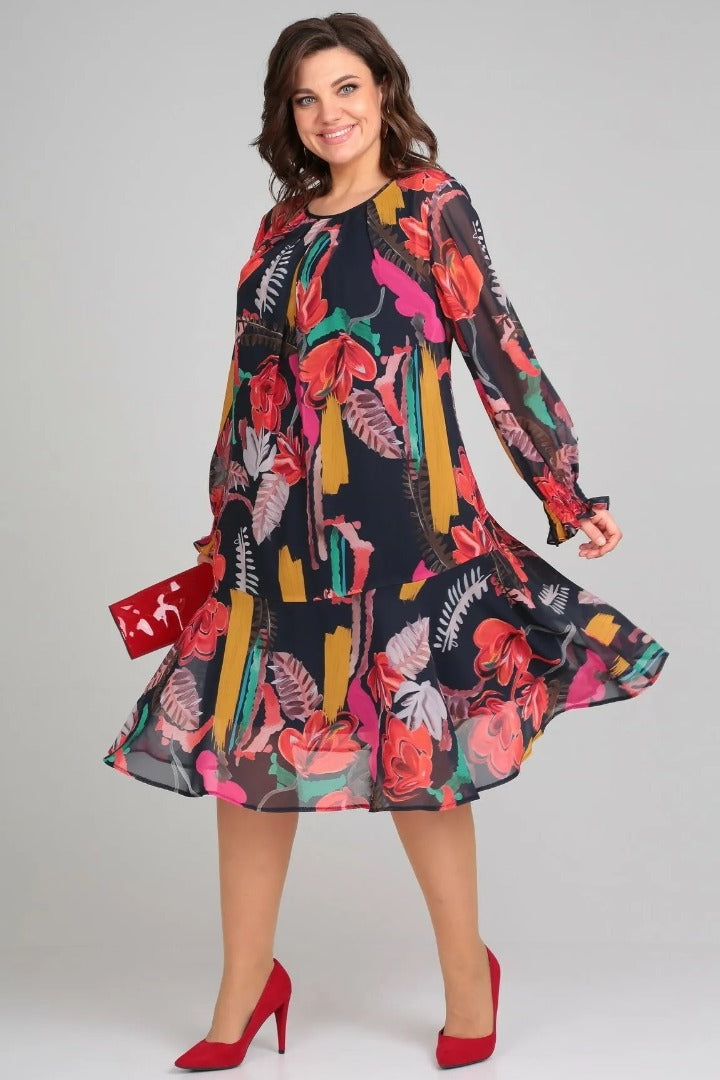 MARGOT | LÄNGERES CHIFFON-MIDIKLEID MIT LANGEN ÄRMELN UND MARKANTEM BLUMENPRINT
