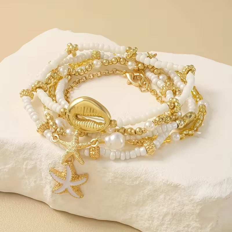 CORALIA | KÜSTEN-GOLD & PERLEN ARMBAND-SET, 6-TLG.