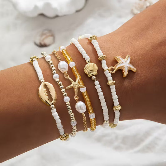 CORALIA | KÜSTEN-GOLD & PERLEN ARMBAND-SET, 6-TLG.