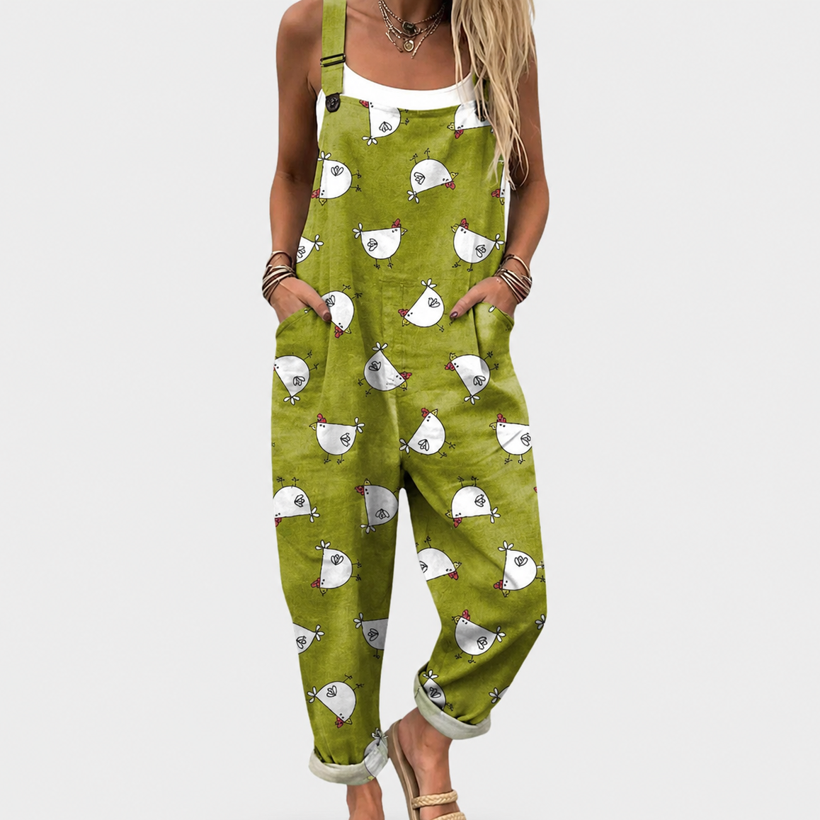 WEICHER JUMPSUIT IN OLIVGRÜN MIT HÜHNER-MUSTER