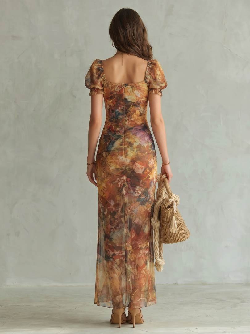 CIEL | MIDI-KLEID MIT RÜSCHENÄRMELN, RAFFUNGEN UND SCHLITZ