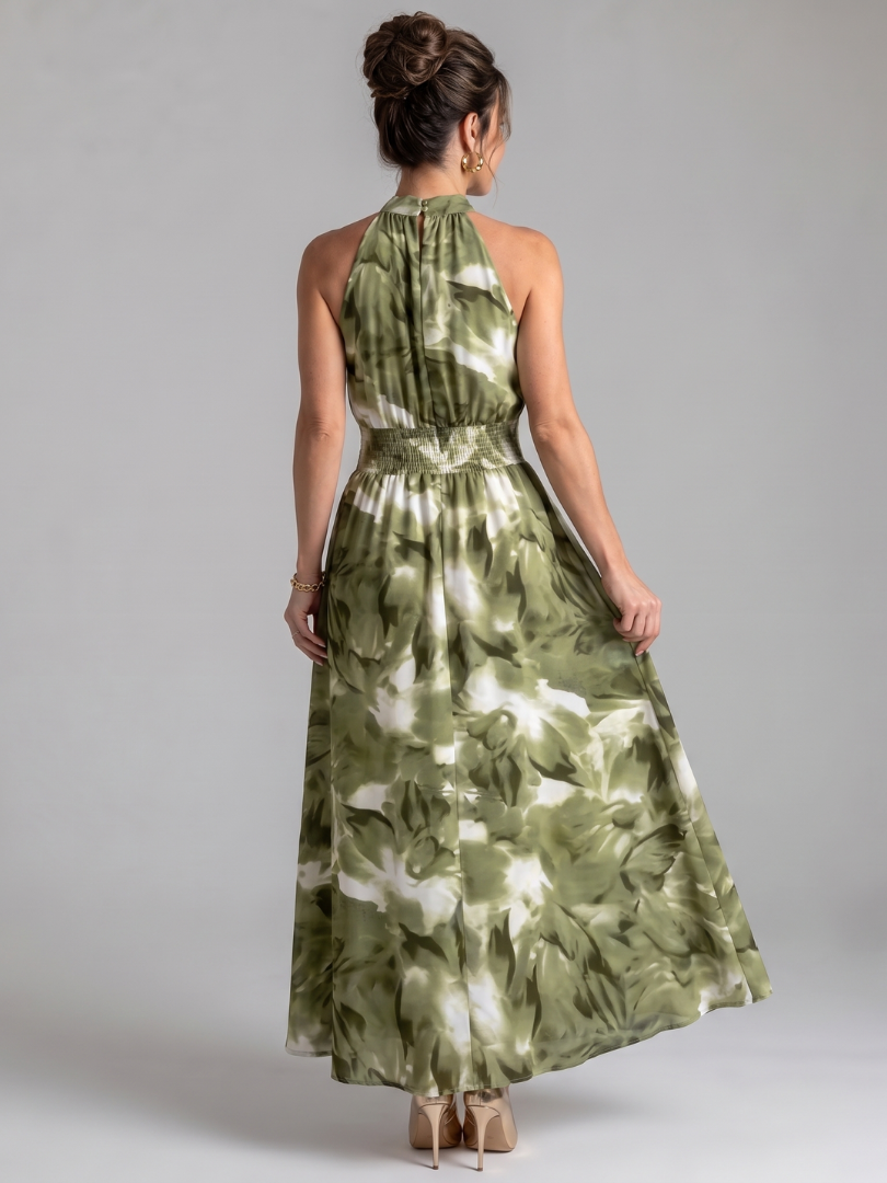 OLIVIA | MIDI-KLEID MIT GERAFTER TAILLE UND ABSTRAKTEM DRUCK