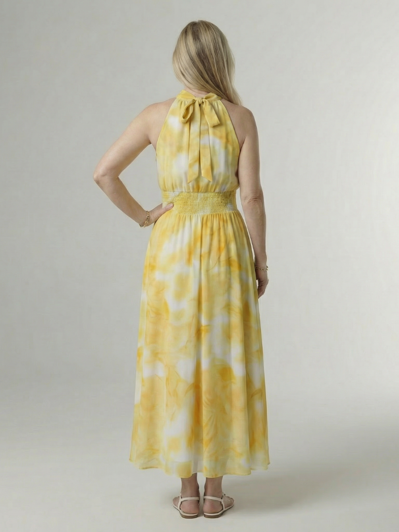 SYLIN | MIDI-KLEID MIT HALTERNECK-AUSSCHNITT UND RAFFUNG