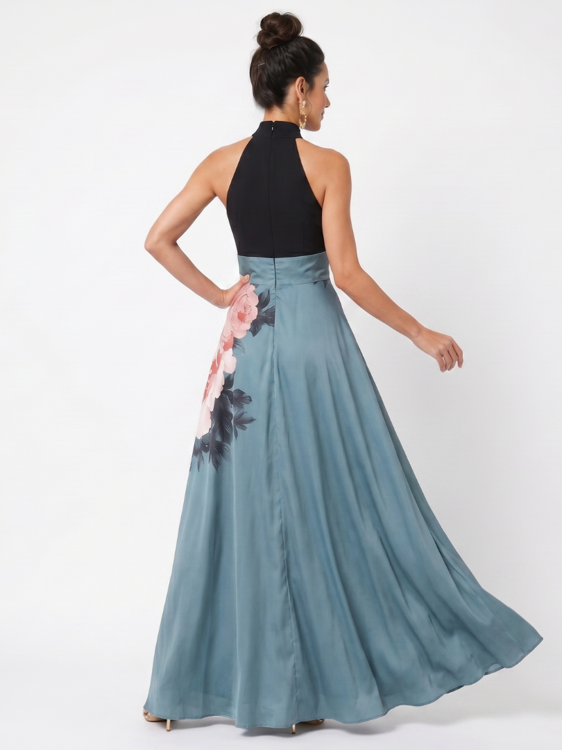 OLYMPAS | MAXIKLEID MIT HALTERNECK-OBERTEIL UND BLUMENMUSTER-ROCK