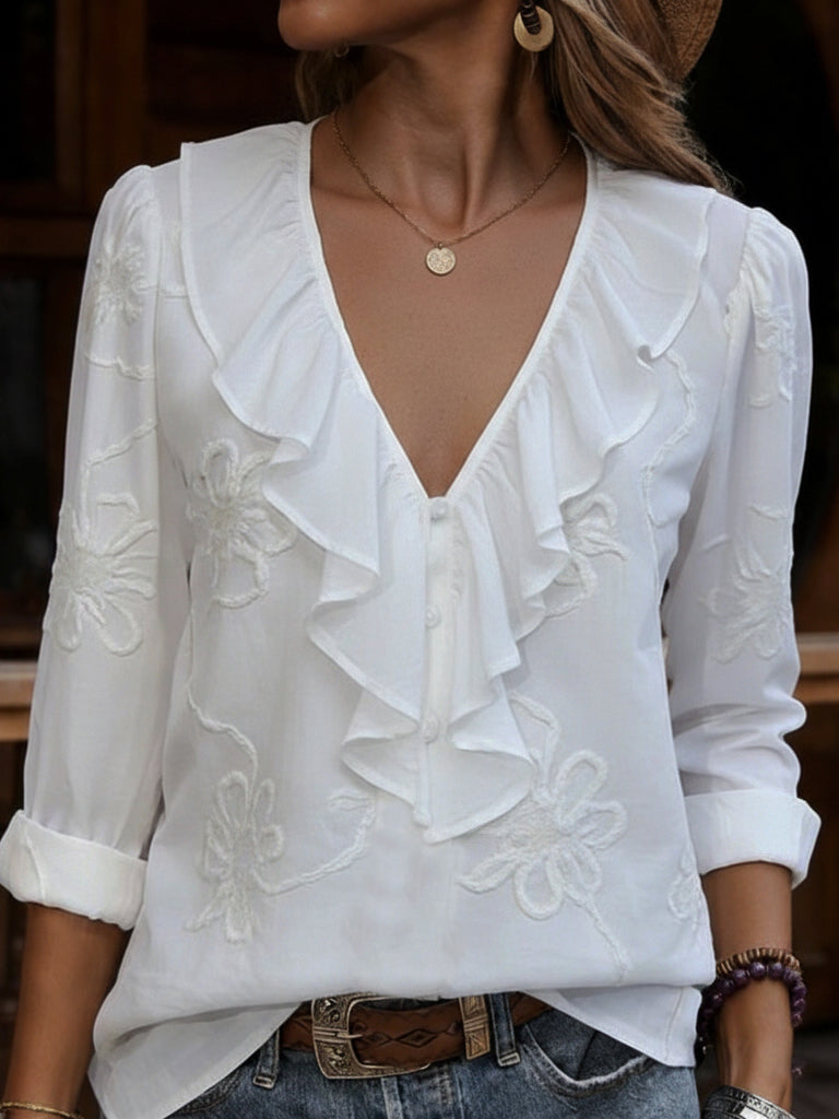CELESTINE | VINTAGE-BLUSE MIT BLUMENMUSTER, RÜSCHEN UND V-AUSSCHNITT