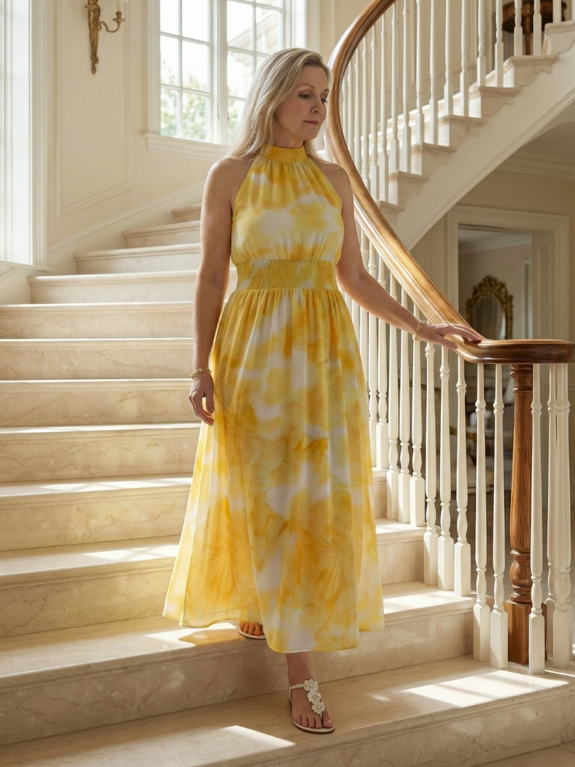SYLIN | MIDI-KLEID MIT HALTERNECK-AUSSCHNITT UND RAFFUNG
