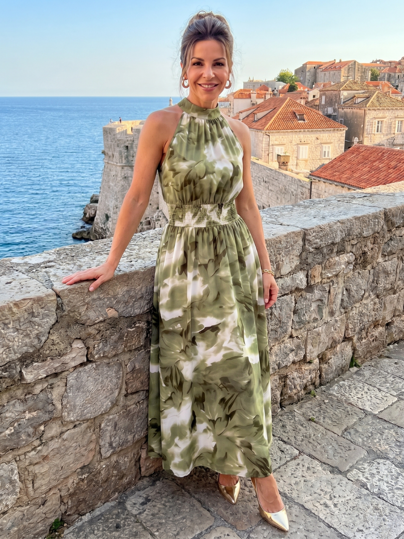 OLIVIA | MIDI-KLEID MIT GERAFTER TAILLE UND ABSTRAKTEM DRUCK