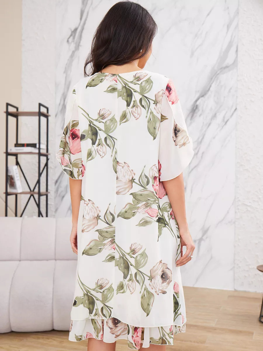 LEANNE | KURZARM-KLEID AUS CHIFFON MIT BLUMENMUSTER UND RÜSCHENSAUM