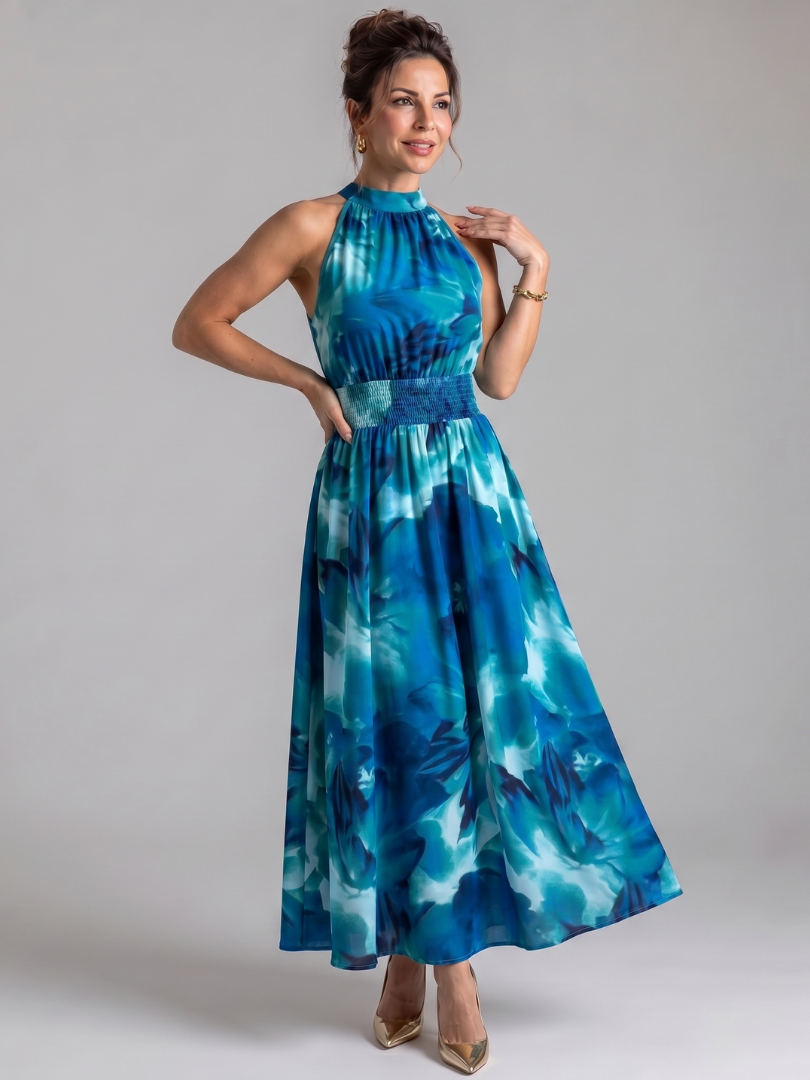 OLIVIA | MIDI-KLEID MIT GERAFTER TAILLE UND ABSTRAKTEM DRUCK