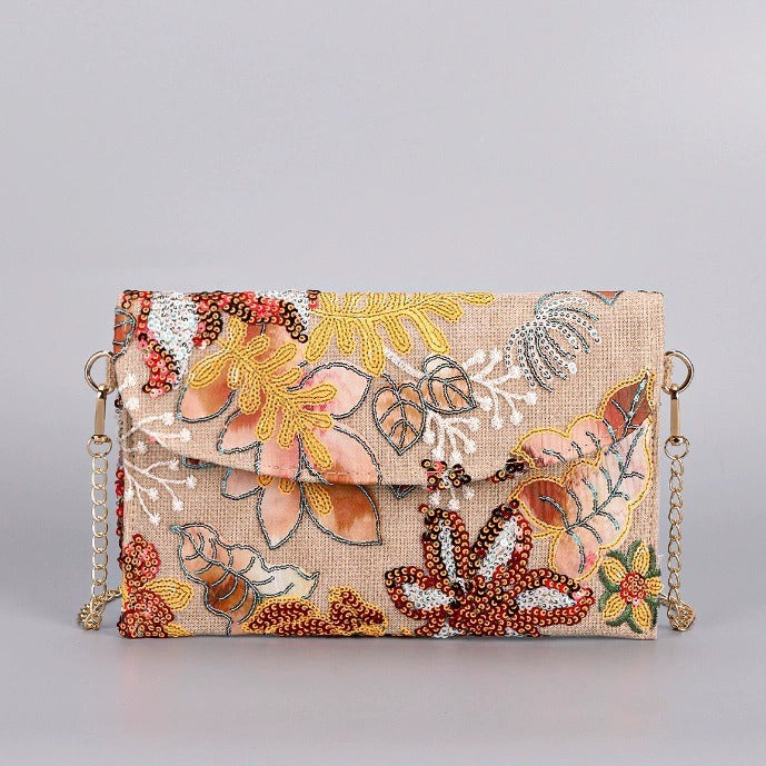SUNSETBLOOM | HERBSTLICHE CLUTCH-UMHÄNGETASCHE MIT PAILLETTENBLUMEN