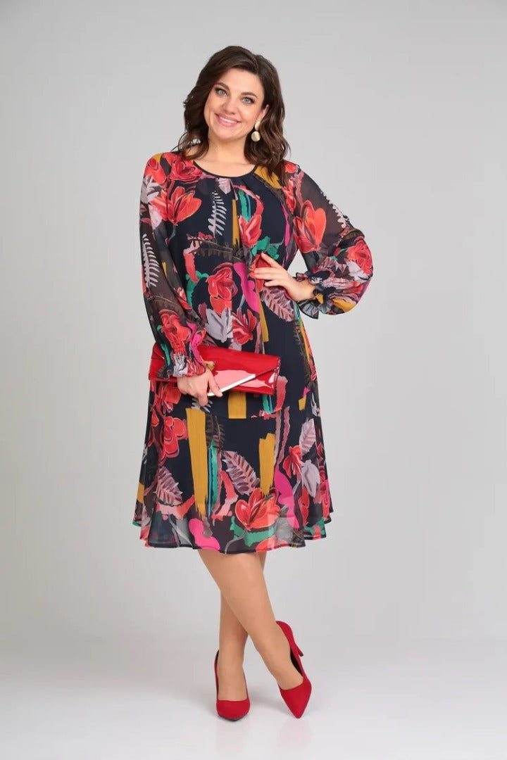 MARGOT | LÄNGERES CHIFFON-MIDIKLEID MIT LANGEN ÄRMELN UND MARKANTEM BLUMENPRINT