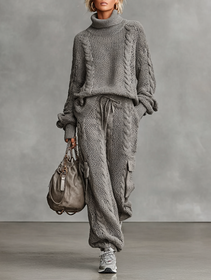 SOPHIE | ZWEITEILIGES SET AUS KABELSTRICK-ROLLKRAGENPULLOVER UND CARGO-HOSE IM CASUAL-LOOK
