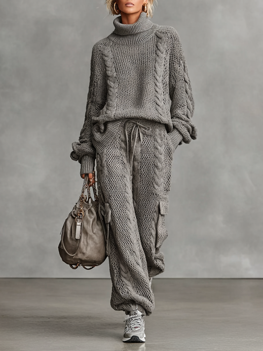 SOPHIE | ZWEITEILIGES SET AUS KABELSTRICK-ROLLKRAGENPULLOVER UND CARGO-HOSE IM CASUAL-LOOK