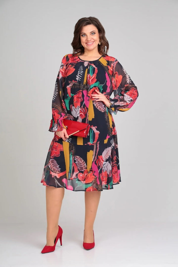 MARGOT | LÄNGERES CHIFFON-MIDIKLEID MIT LANGEN ÄRMELN UND MARKANTEM BLUMENPRINT