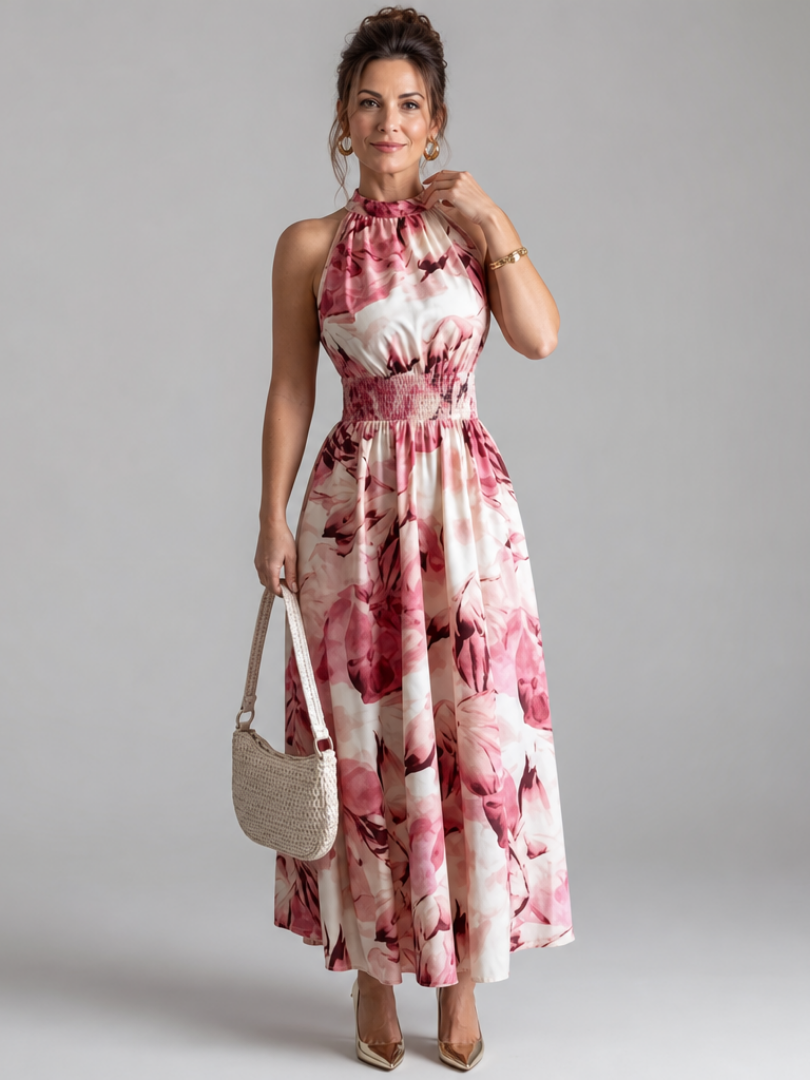 OLIVIA | MIDI-KLEID MIT GERAFTER TAILLE UND ABSTRAKTEM DRUCK