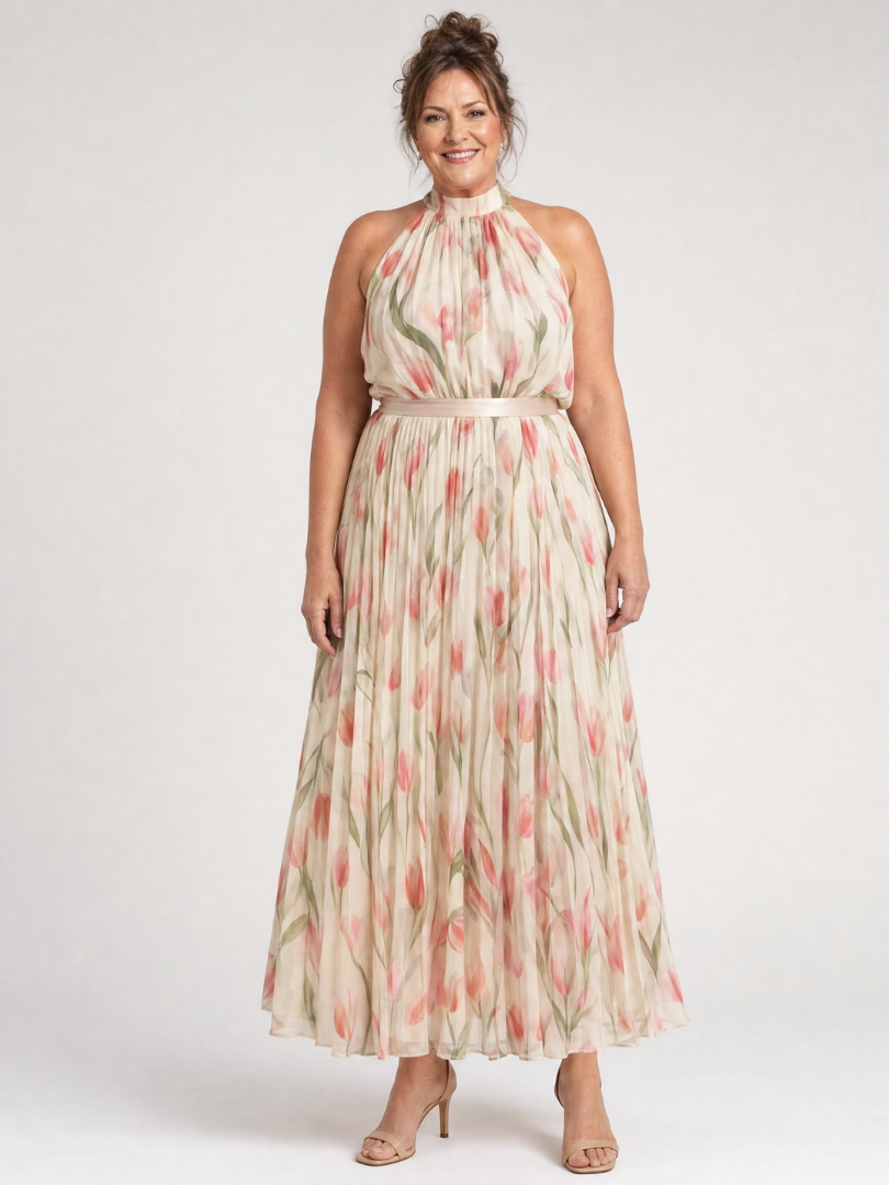 AURELLE | MIDI-KLEID MIT HALTERNECK-AUSSCHNITT UND BLUMENMUSTER
