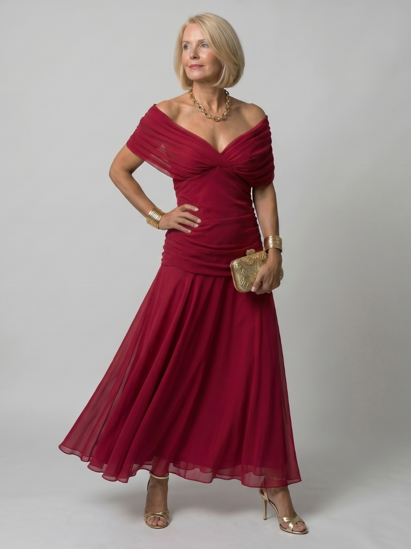 CALEN | SCHULTERFREIES MIDI-KLEID MIT FALLENDEM SCHNITT
