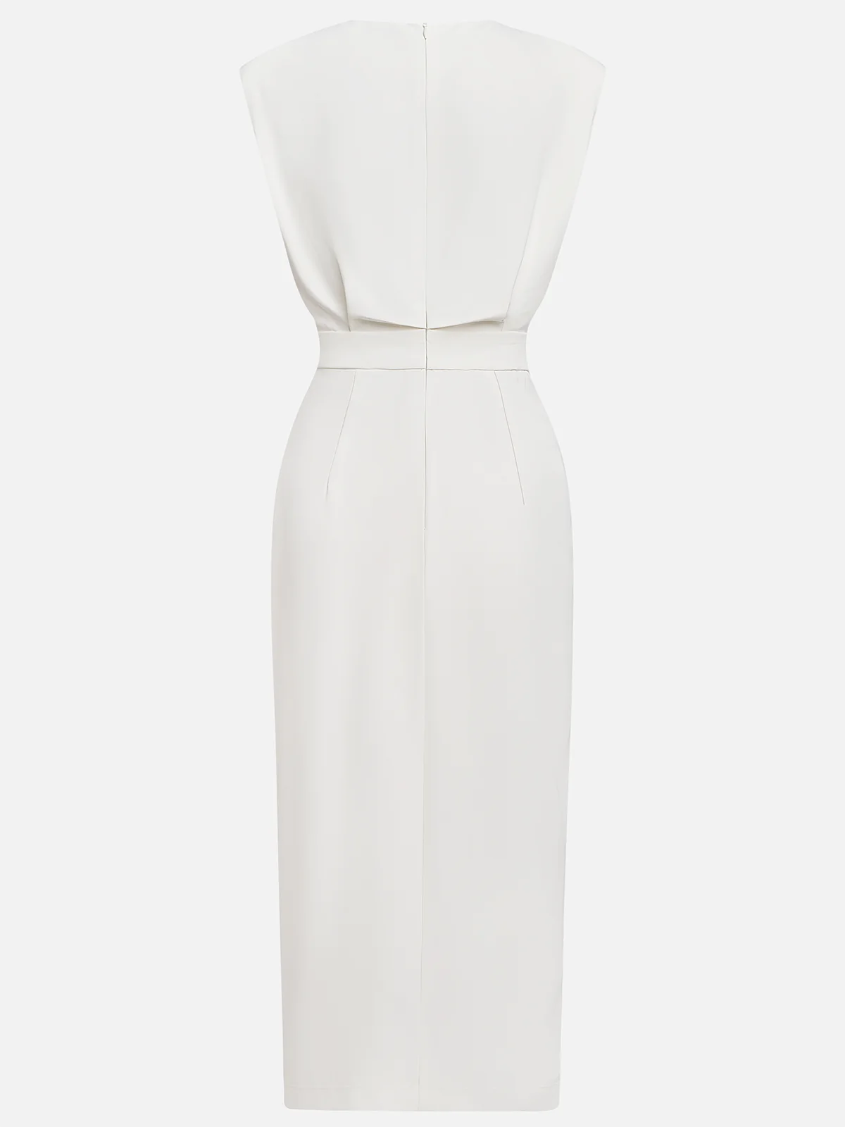 GENEVIEVE | MIDI-KLEID MIT SCHULTERPOLSTERN, KNOPFDETAILS UND SCHLITZ