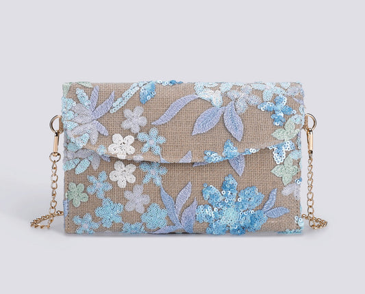 SKYBLOOM | BLAUE CLUTCH-UMHÄNGETASCHE MIT BLUMENPAILLETTEN