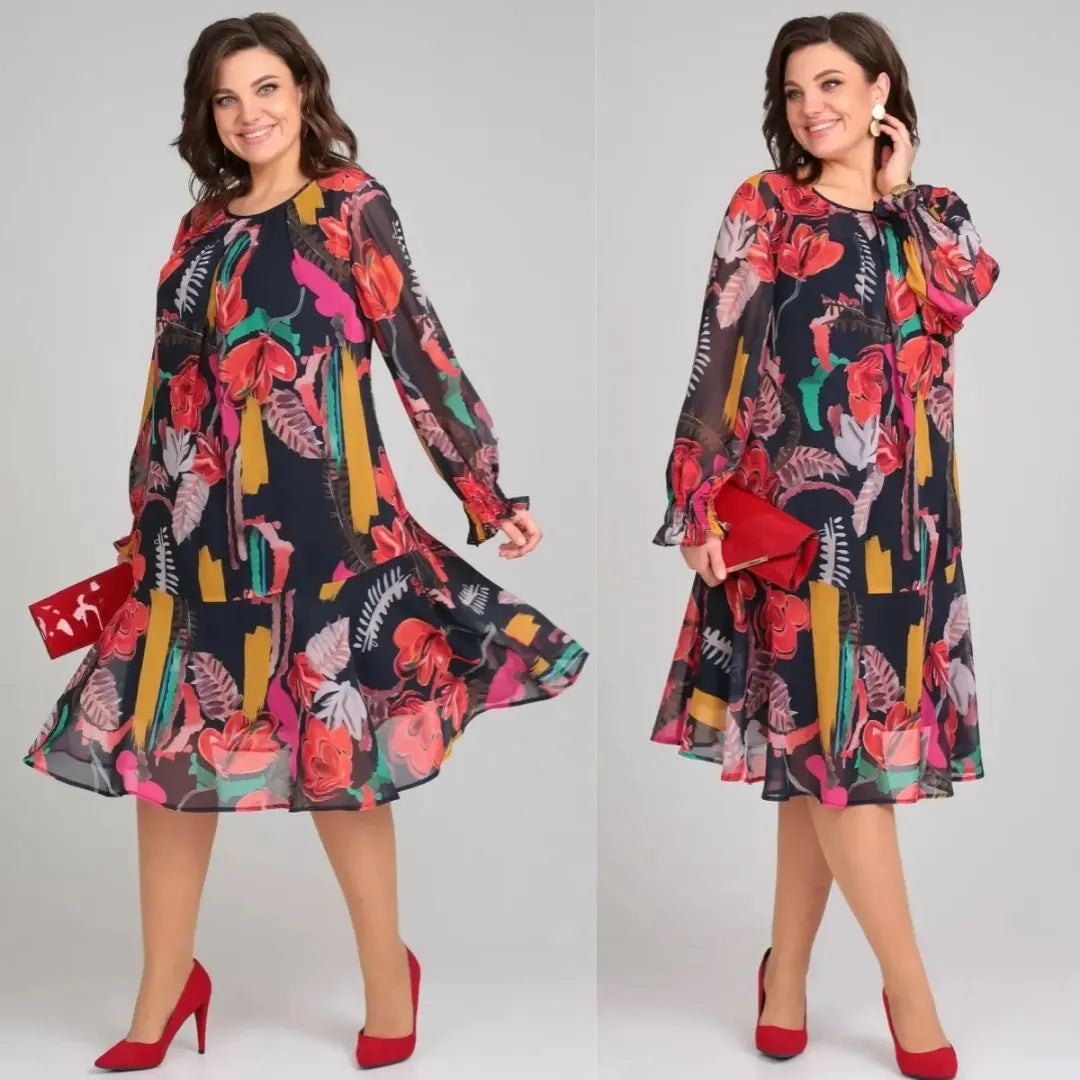 MARGOT | LÄNGERES CHIFFON-MIDIKLEID MIT LANGEN ÄRMELN UND MARKANTEM BLUMENPRINT