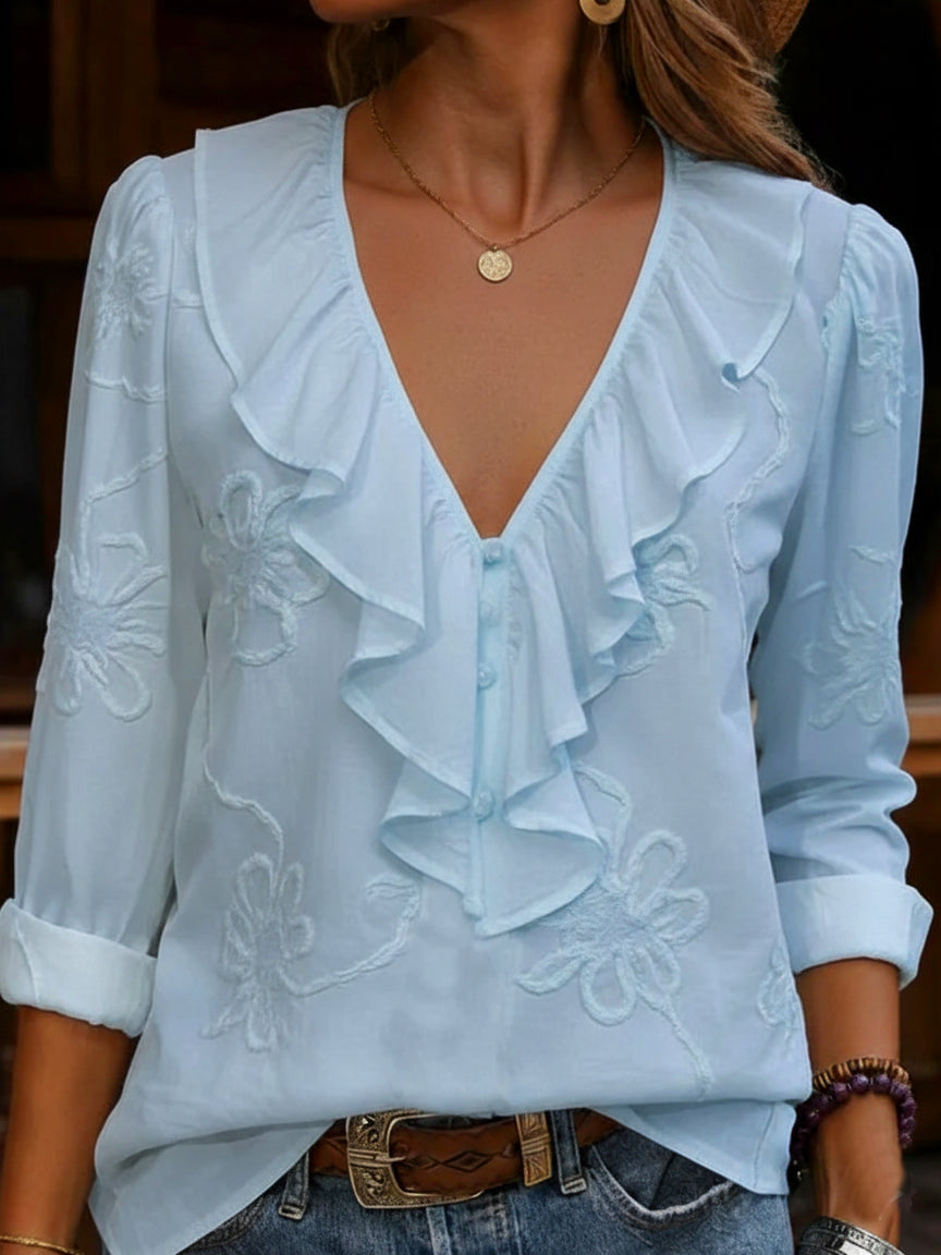 CELESTINE | VINTAGE-BLUSE MIT BLUMENMUSTER, RÜSCHEN UND V-AUSSCHNITT