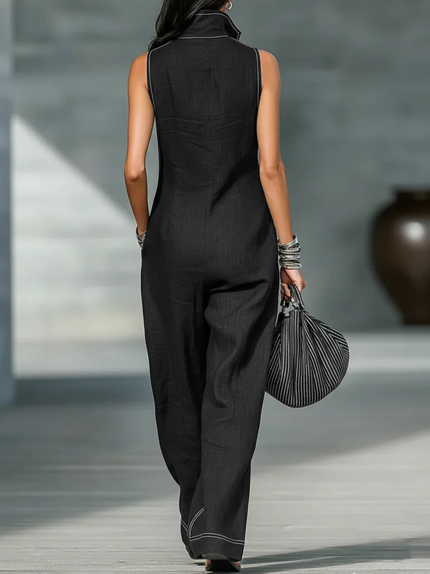 ELEANOR | ÄRMELLOSER JUMPSUIT MIT WEISSEM BESATZ