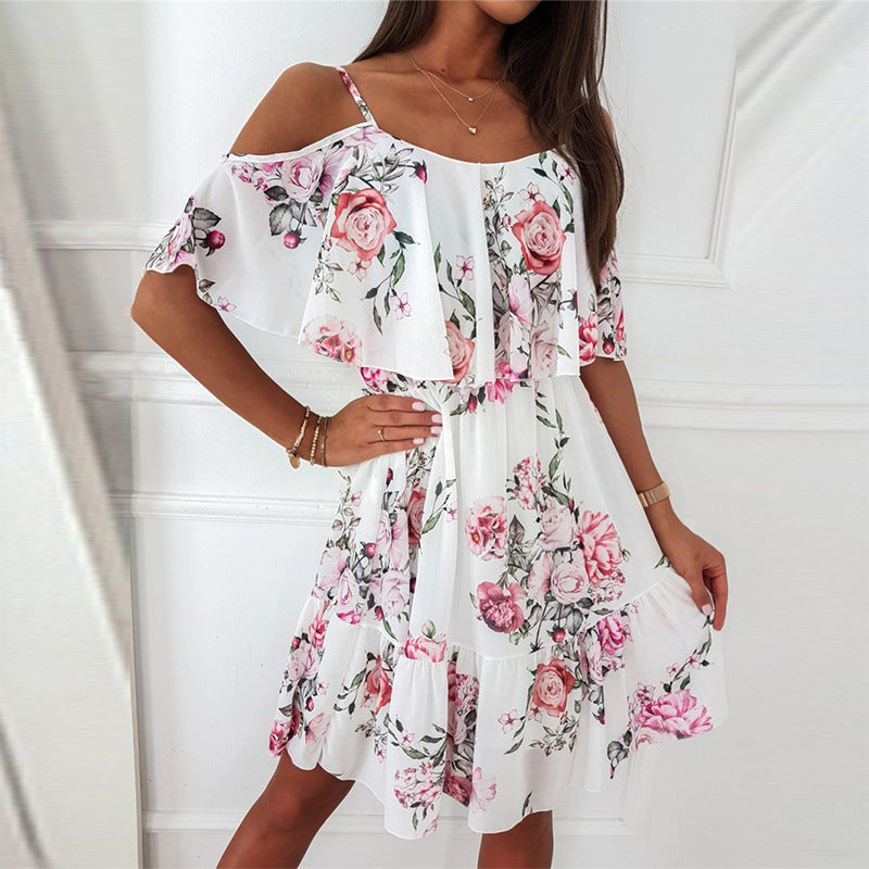 CALYNDRA | SCHULTERFREIES MINI-BLUMENKLEID MIT RÜSCHEN