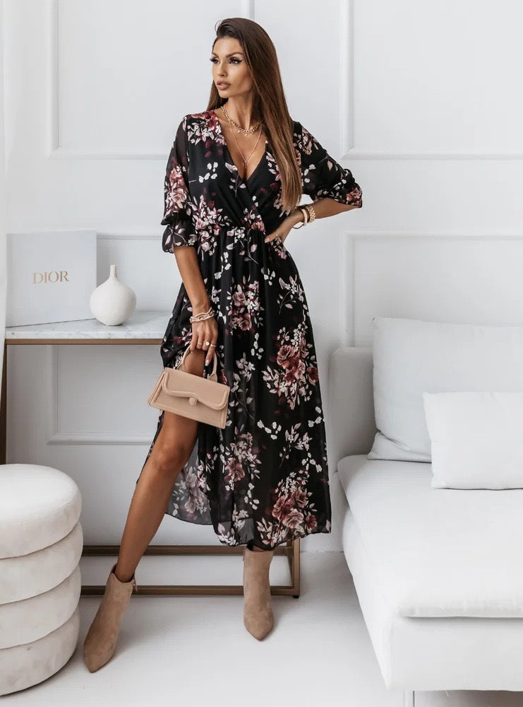GENEVIEVE | MAXIKLEID MIT BLUMENMUSTER UND WICKELOPTIK