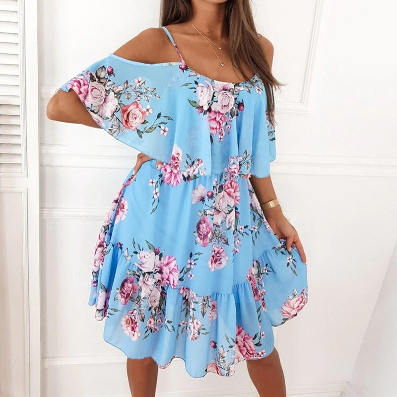 CALYNDRA | SCHULTERFREIES MINI-BLUMENKLEID MIT RÜSCHEN