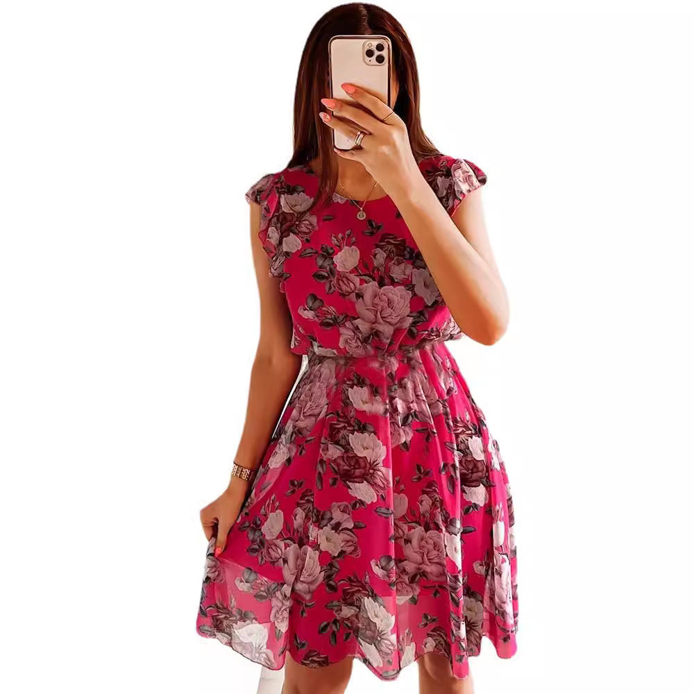 GLYNIS | MIDI-KLEID MIT BLUMENMUSTER UND RÜSCHENÄRMELN