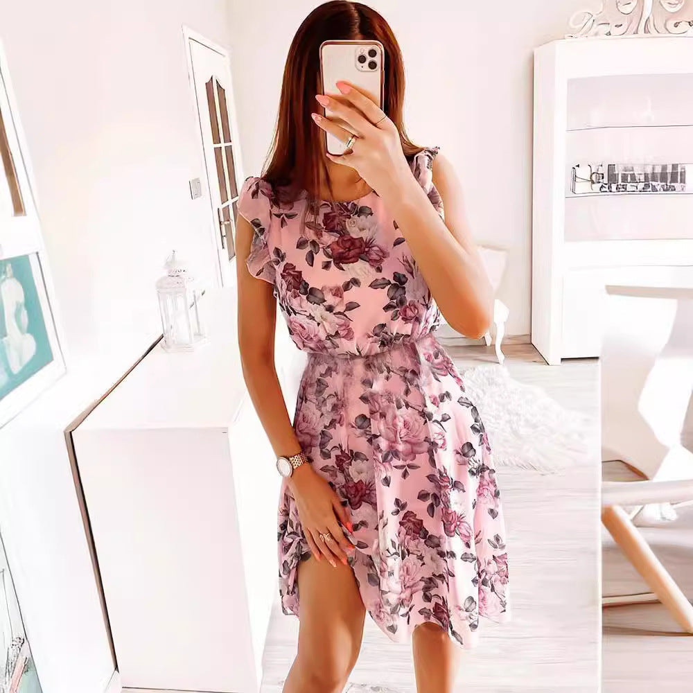 GLYNIS | MIDI-KLEID MIT BLUMENMUSTER UND RÜSCHENÄRMELN