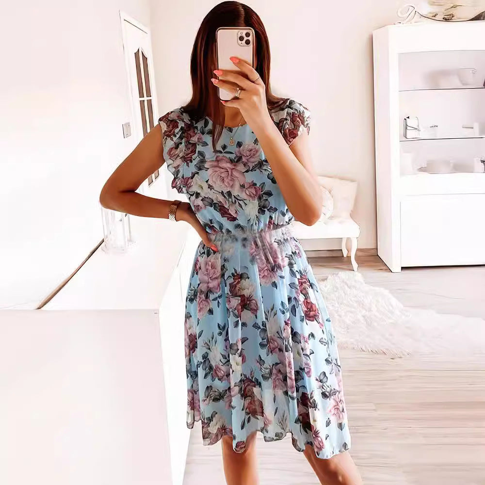 GLYNIS | MIDI-KLEID MIT BLUMENMUSTER UND RÜSCHENÄRMELN