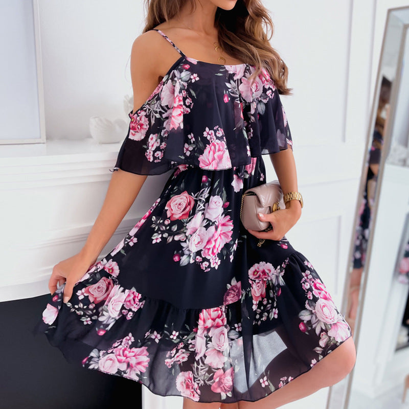 CALYNDRA | SCHULTERFREIES MINI-BLUMENKLEID MIT RÜSCHEN