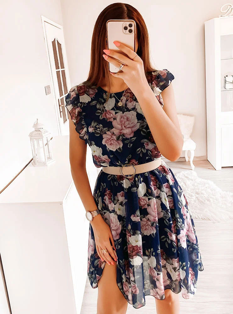 GLYNIS | MIDI-KLEID MIT BLUMENMUSTER UND RÜSCHENÄRMELN