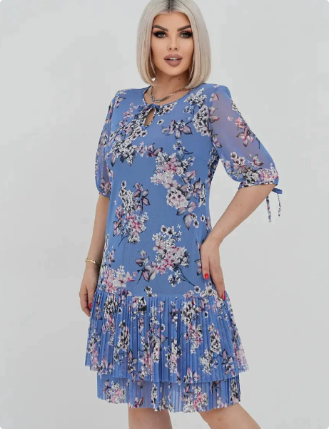 ANTOINETTE | MIDI-KLEID MIT STUFENROCK, PUFFÄRMELN UND FLORALEM CHIFFON-MUSTER