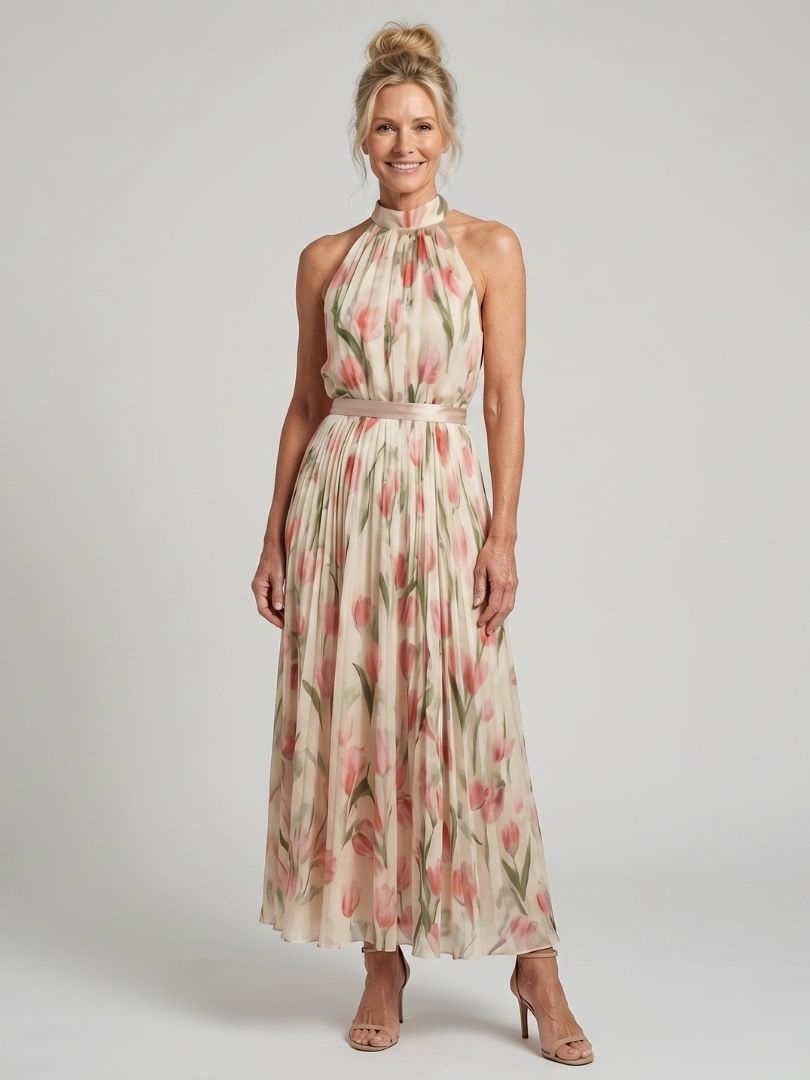 AURELLE | MIDI-KLEID MIT HALTERNECK-AUSSCHNITT UND BLUMENMUSTER