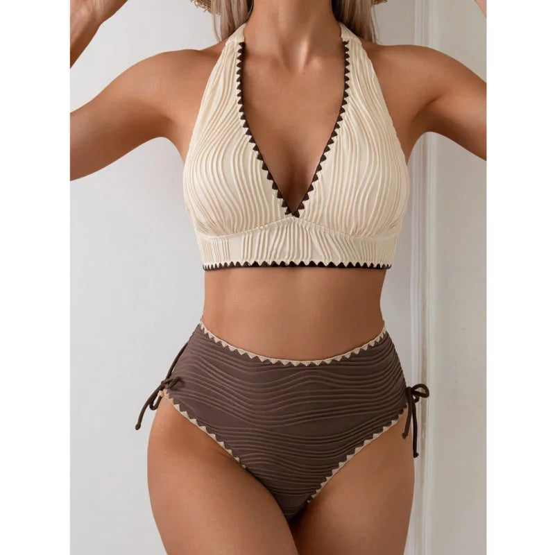 CAPRI | GERIPPTES ZWEIFARBIGES HALTERNECK-BIKINI-SET MIT HOHEM BUND