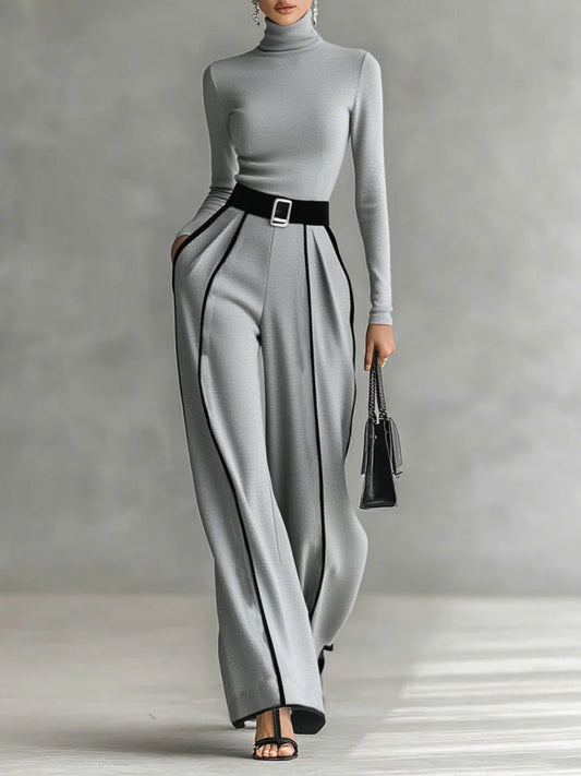 AMELIA | OBERTEIL MIT HOHEM KRAGEN UND SCHWARZEM SAUM SOWIE WEITE HOSE IM SET