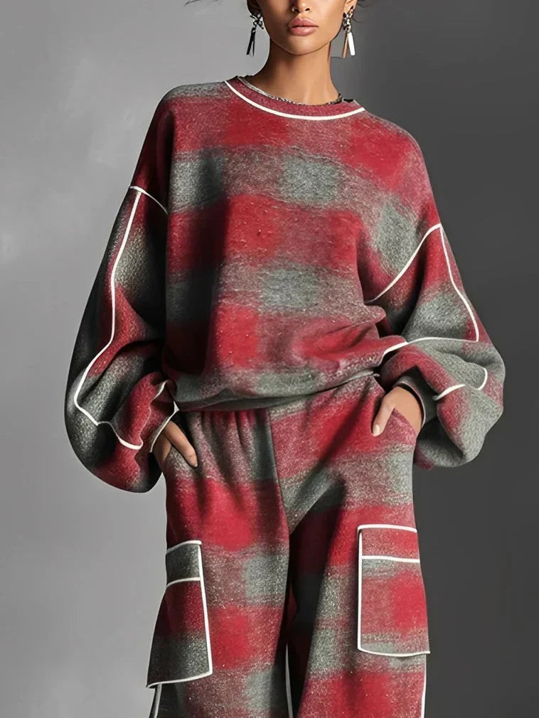 CHARLOTTE | SCHWARZ-GRAUES KARO-COLORBLOCK-SWEATSHIRT UND FREIZEITHOSEN-SET
