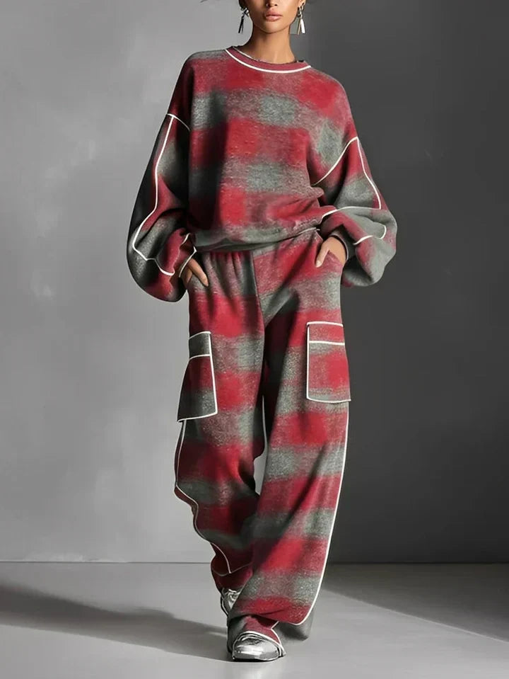 CHARLOTTE | SCHWARZ-GRAUES KARO-COLORBLOCK-SWEATSHIRT UND FREIZEITHOSEN-SET