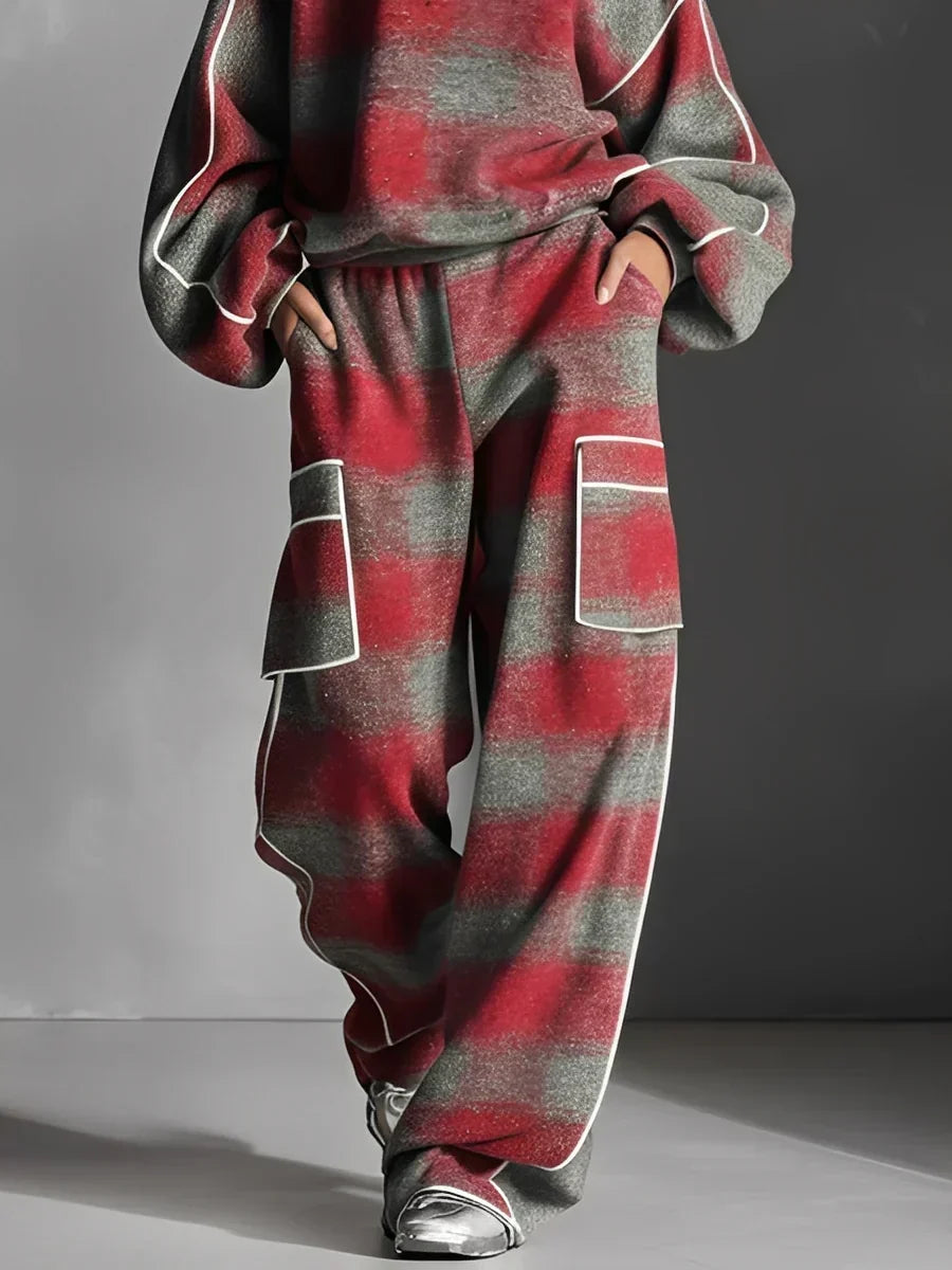 CHARLOTTE | SCHWARZ-GRAUES KARO-COLORBLOCK-SWEATSHIRT UND FREIZEITHOSEN-SET