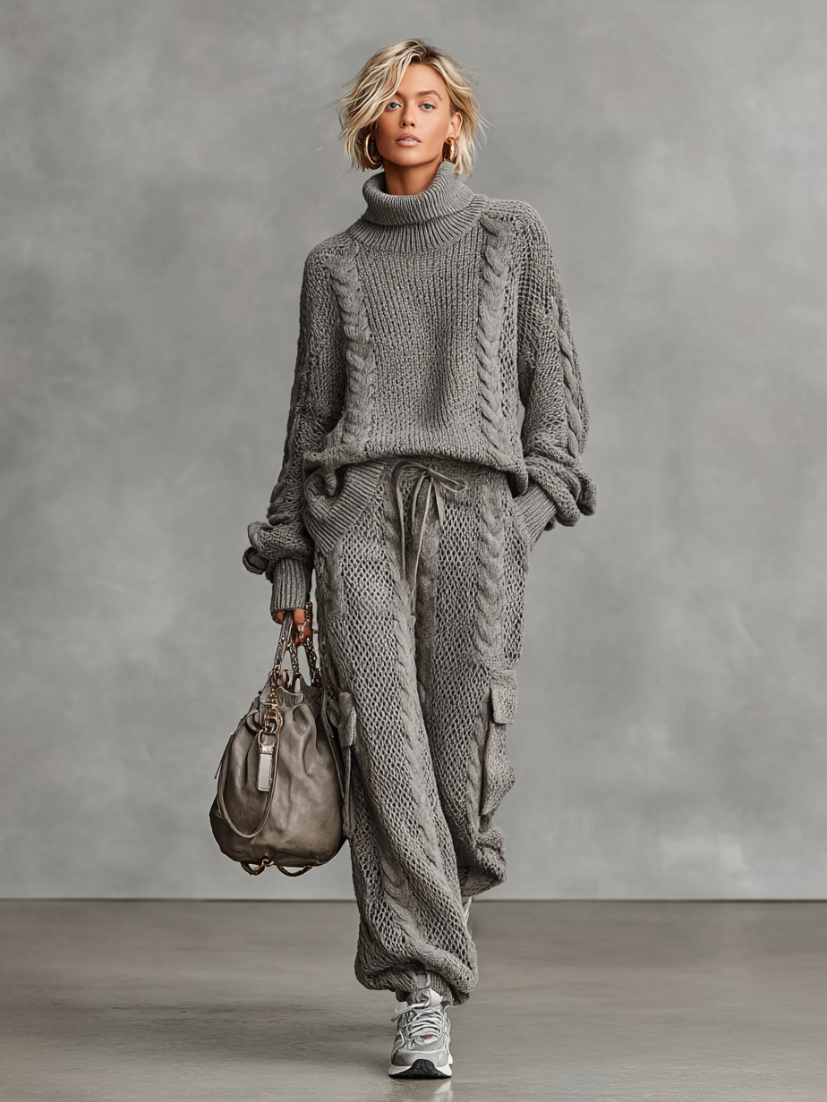 SOPHIE | ZWEITEILIGES SET AUS KABELSTRICK-ROLLKRAGENPULLOVER UND CARGO-HOSE IM CASUAL-LOOK