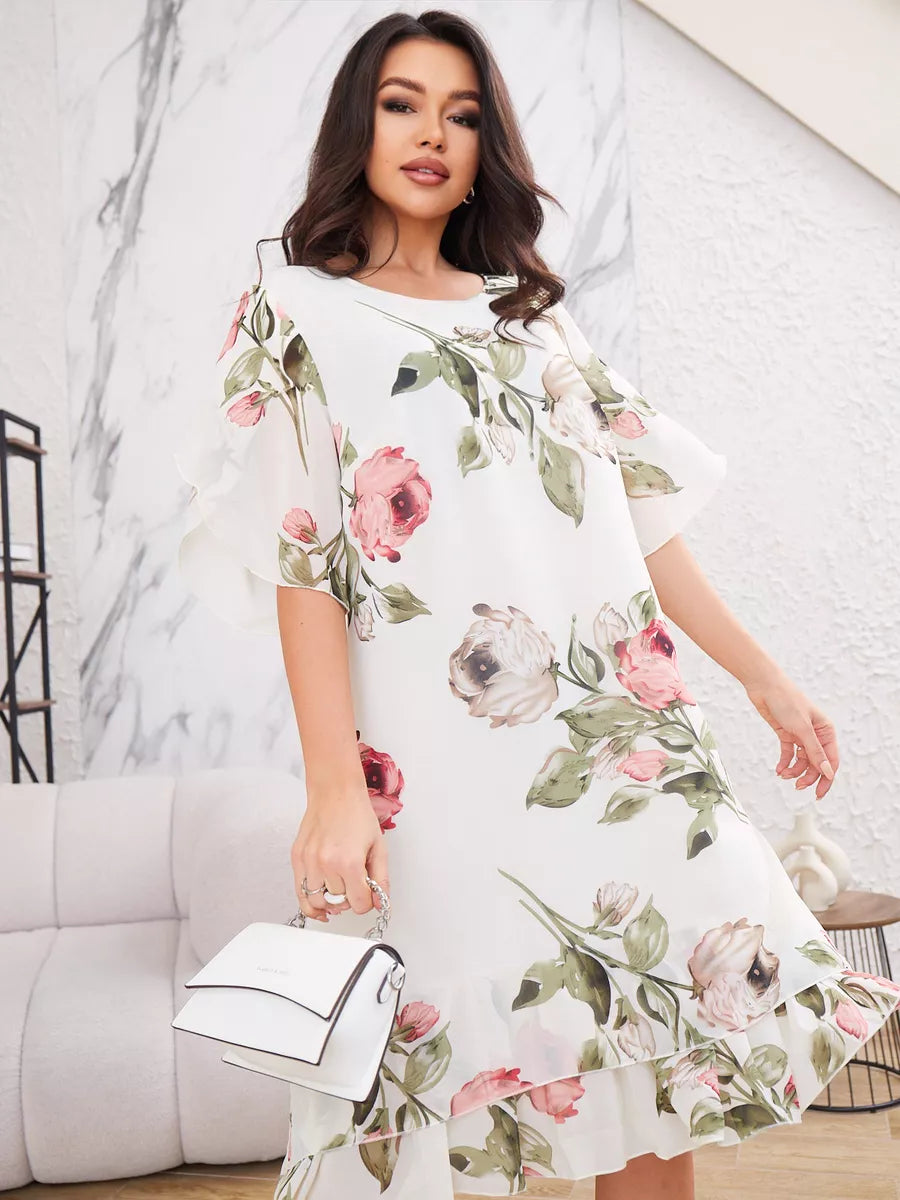 LEANNE | KURZARM-KLEID AUS CHIFFON MIT BLUMENMUSTER UND RÜSCHENSAUM