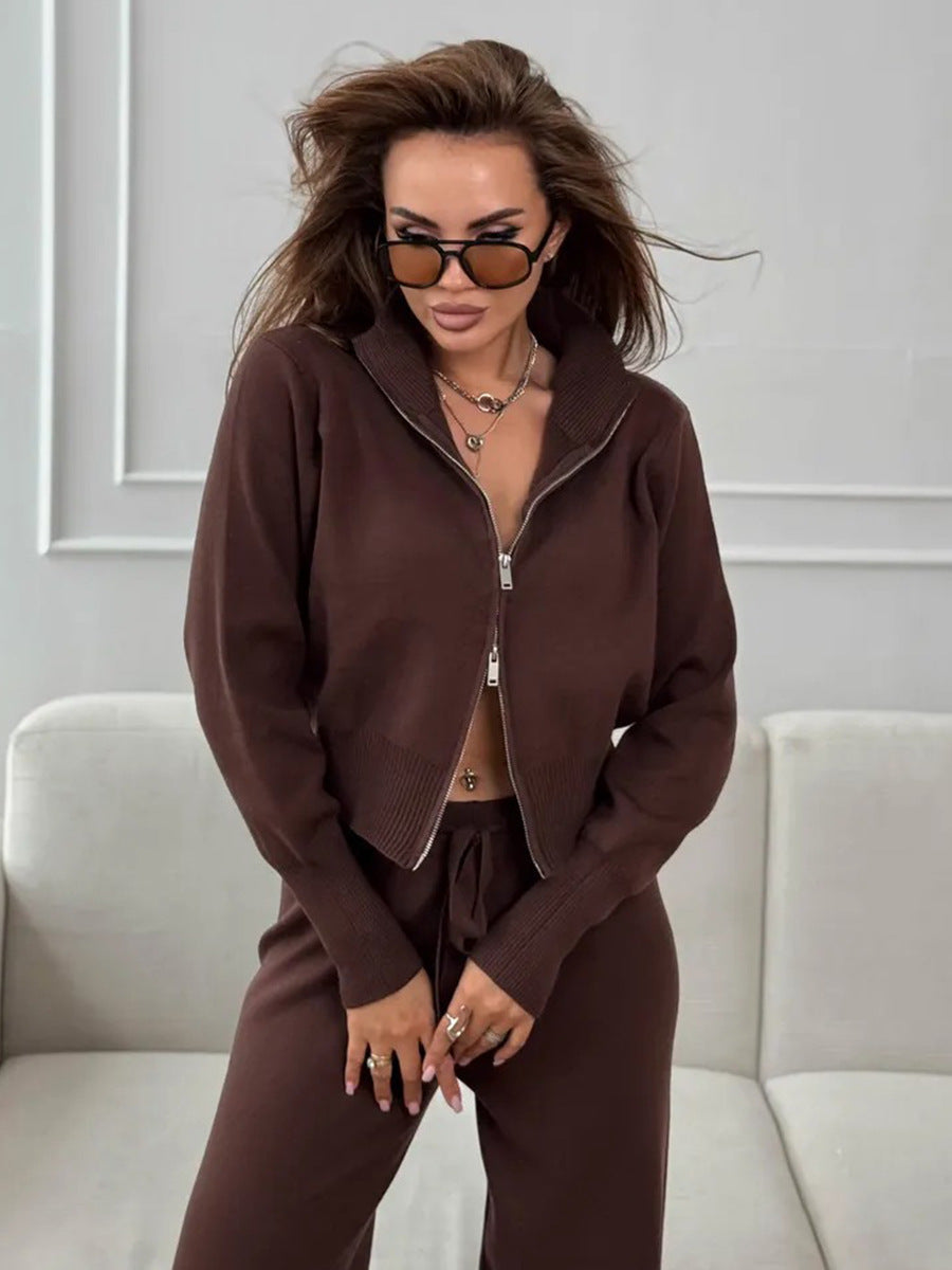 ISLA | 2-TEILIGES STRICKSET – WEITE HOSE MIT KORDELZUG UND REISSVERSCHLUSS-JACKE