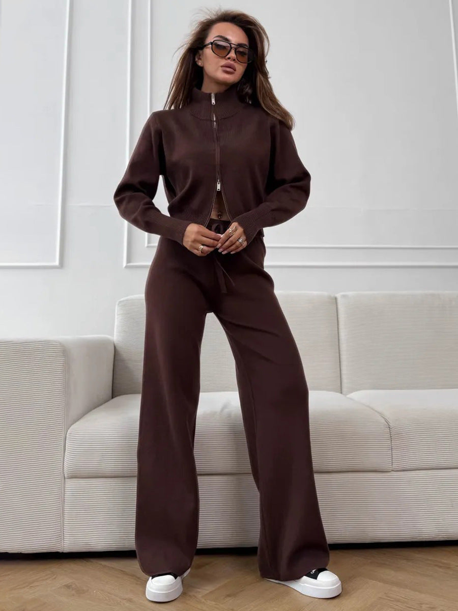 ISLA | 2-TEILIGES STRICKSET – WEITE HOSE MIT KORDELZUG UND REISSVERSCHLUSS-JACKE