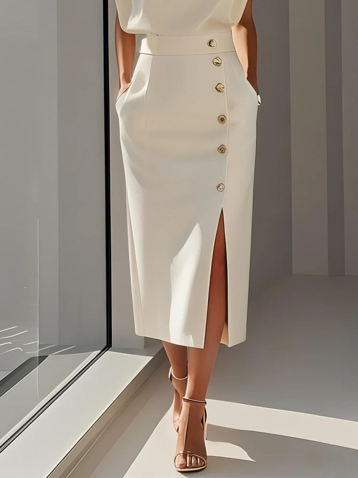 GENEVIEVE | MIDI-KLEID MIT SCHULTERPOLSTERN, KNOPFDETAILS UND SCHLITZ