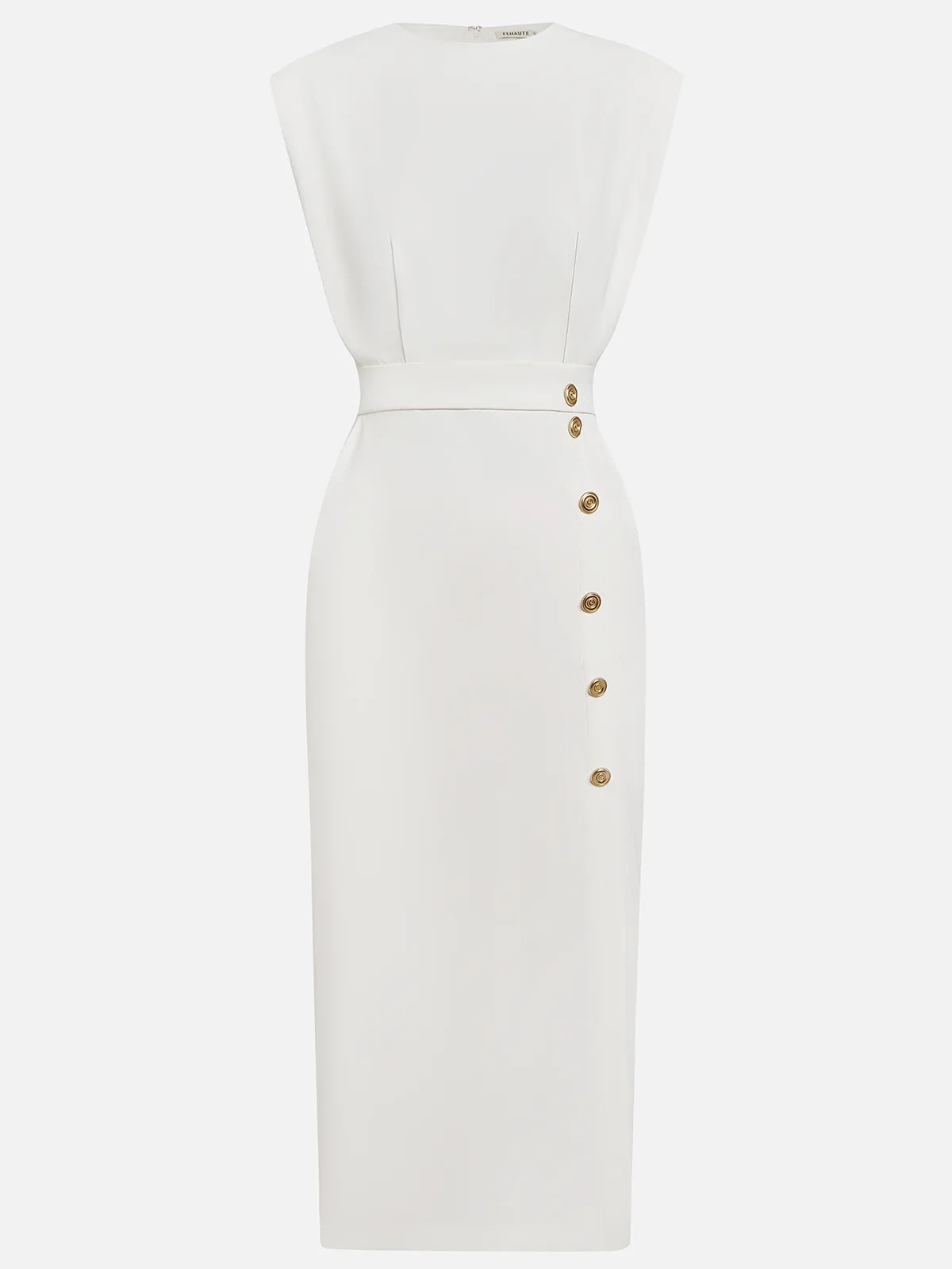 GENEVIEVE | MIDI-KLEID MIT SCHULTERPOLSTERN, KNOPFDETAILS UND SCHLITZ