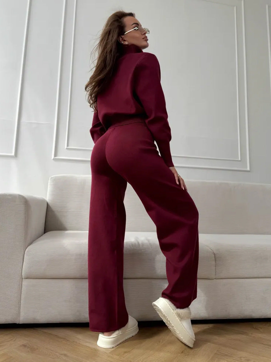 ISLA | 2-TEILIGES STRICKSET – WEITE HOSE MIT KORDELZUG UND REISSVERSCHLUSS-JACKE